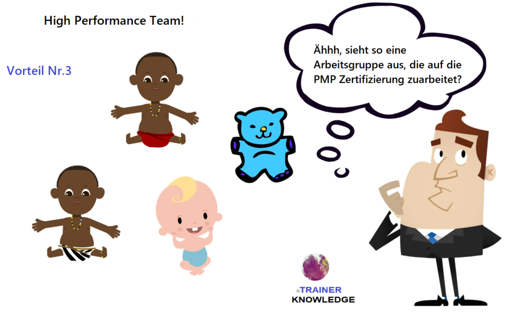 Das Bild zeigt einen Projektmanager, der an einer PMP Arbeitgruppe teilnehmen will. Die Arbeitsgruppe besteht aus mehreren weißen und farbigen Babys und einem Teddy Bär. Der Mann ist sich nicht sicher, ob diese Arbeitsgruppe Ziel führend ist.