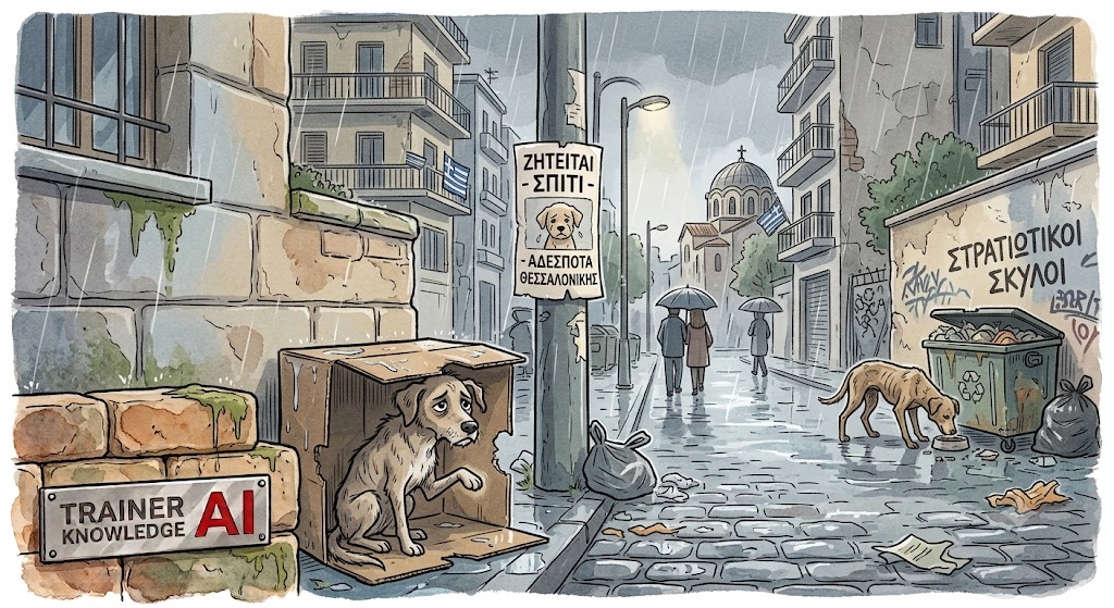 Eine traurige Karikatur-Illustration, die das harte Leben von Straßenhunden in einer verregneten Gasse in Thessaloniki, Griechenland, zeigt.