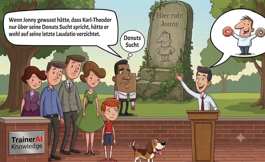 Karikatur einer Grabrede, bei der der Redner über die Donut-Sucht des Verstorbenen spricht, während die Trauergäste schockiert sind.
