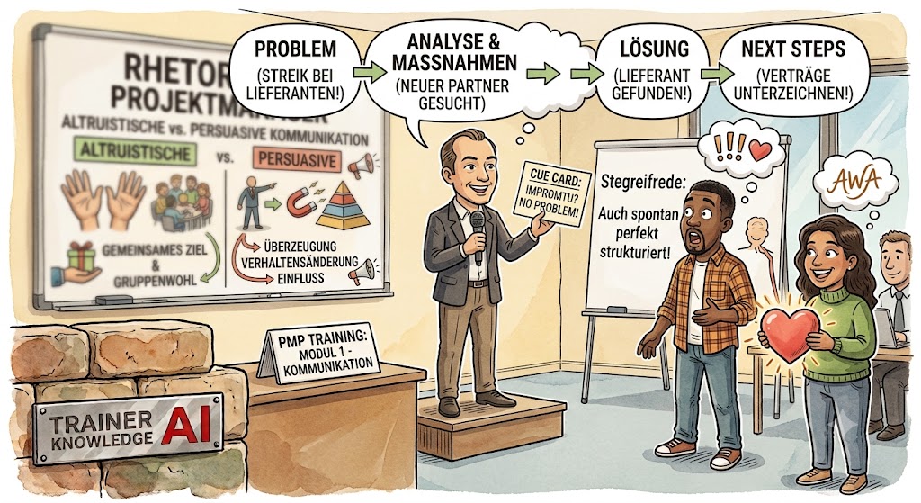 Karikatur zur strukturierten Stegreifrede im Projektmanagement: Ein Redner spricht spontan ins Mikrofon, während sich seine Gedanken über ihm als perfekt sortiertes Flussdiagramm entfalten.