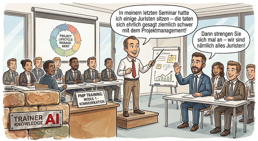 Schlagfertigkeit im Seminarraum: Wenn der PMP-Trainer überraschend vor einer reinen Juristen-Gruppe steht.