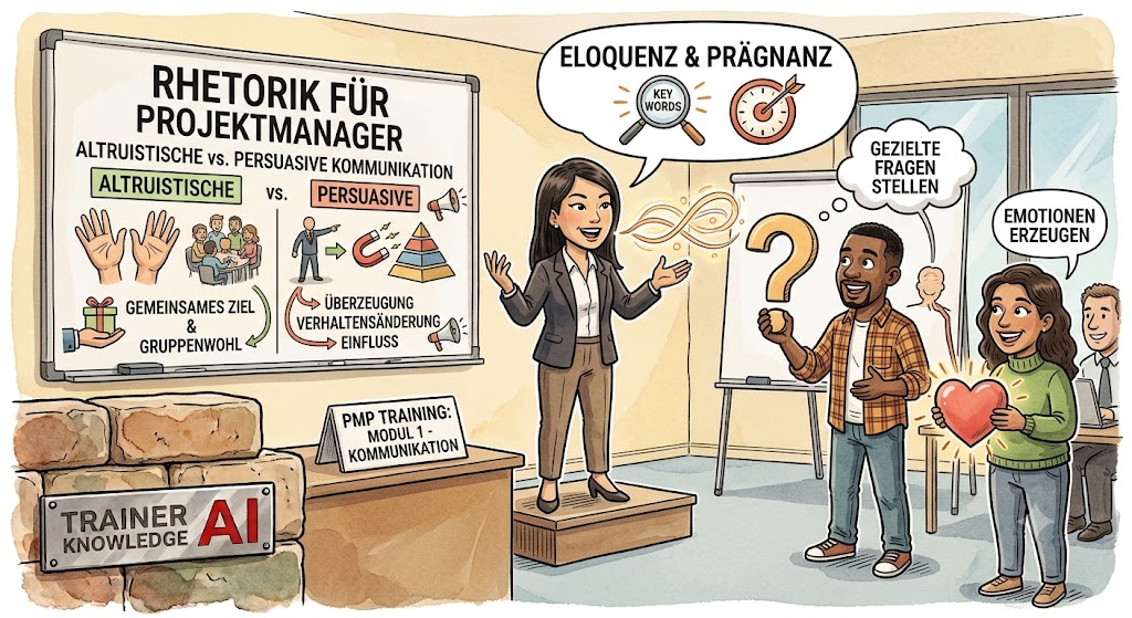 Karikatur eines PMP-Rhetorik-Trainings: Eine Trainerin und diverse Teilnehmer illustrieren Kommunikationskonzepte.