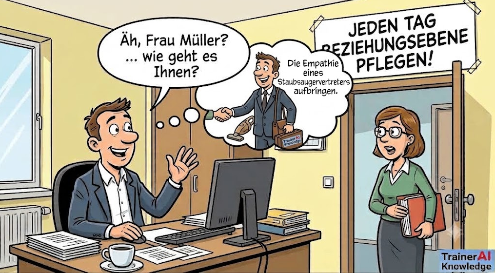 arikatur zur Mitarbeiterführung: Ein Chef versucht unbeholfen Beziehungspflege („Wie geht es Ihnen?“) und stellt sich gedanklich als empathischer Staubsaugervertreter vor.