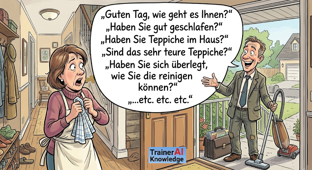 Karikatur zur Gesprächsführung mit einem Staubsaugervertreter an der Haustür, der eine verunsicherte Frau mit rhetorischen Fragen überrumpelt.