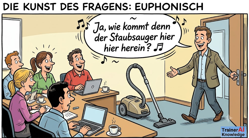 Humorvolle Business-Karikatur zum Thema euphonische Gesprächsführung: Eine Führungskraft betritt mit freundlicher, singender Stimmlage den Meetingraum, in dem überraschend ein Staubsauger steht.