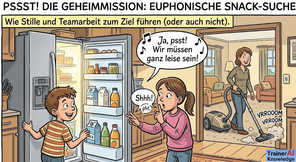 Humorvolle Karikatur über zwei Kinder, die heimlich den Kühlschrank öffnen, während die Mutter im Hintergrund staubsaugt.
