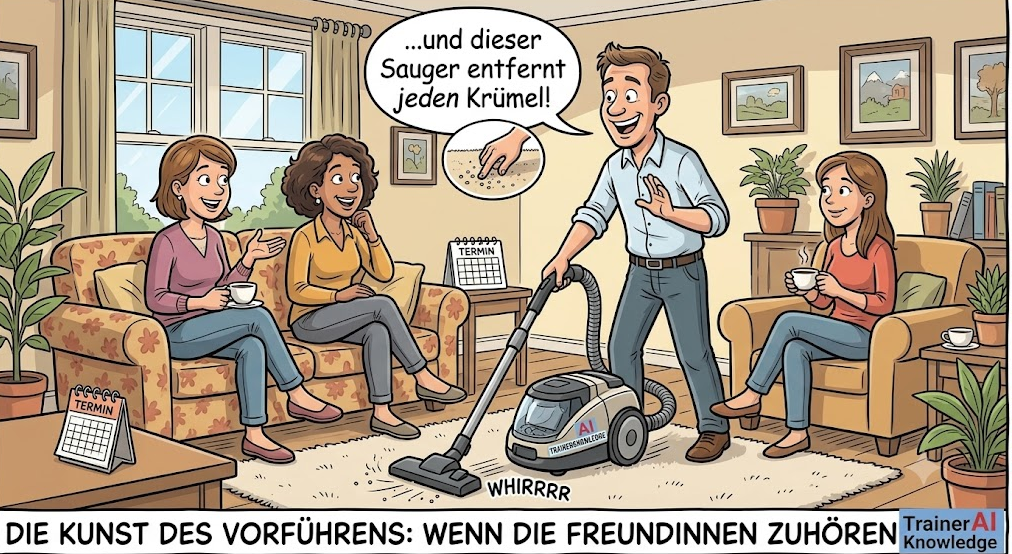 Karikatur einer Produktpräsentation im Wohnzimmer: Ein engagierter Verkäufer führt drei Damen auf der Couch einen Staubsauger vor.