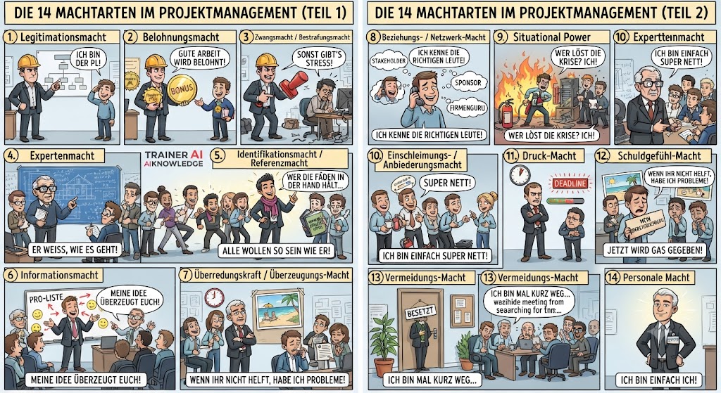 Eine comicartige Karikatur zeigt vierzehn verschiedene Formen von Macht und Einfluss im Projektmanagement.