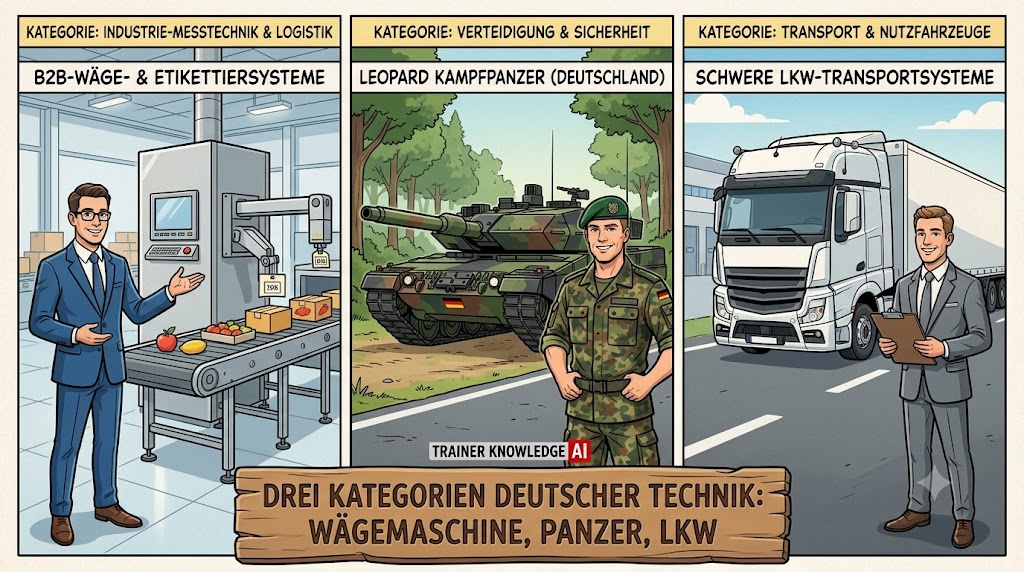 Drei Kategorien deutscher Technik Waegemaschine Panzer und LKW im B2B Vertrieb