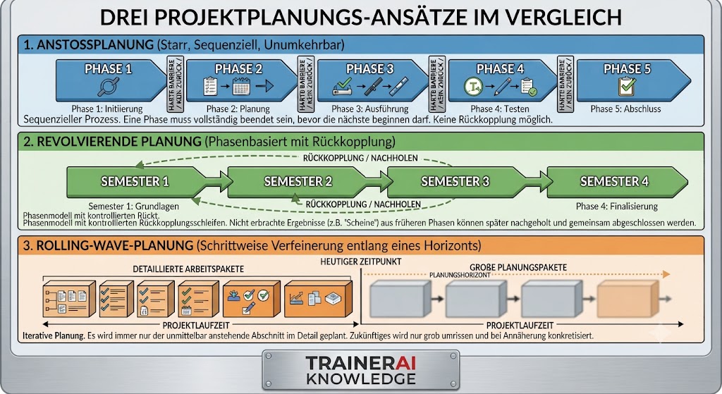 ergleich der drei Projektplanungsansätze Anstoßplanung, revolvierende Planung und Rolling-Wave-Planning.