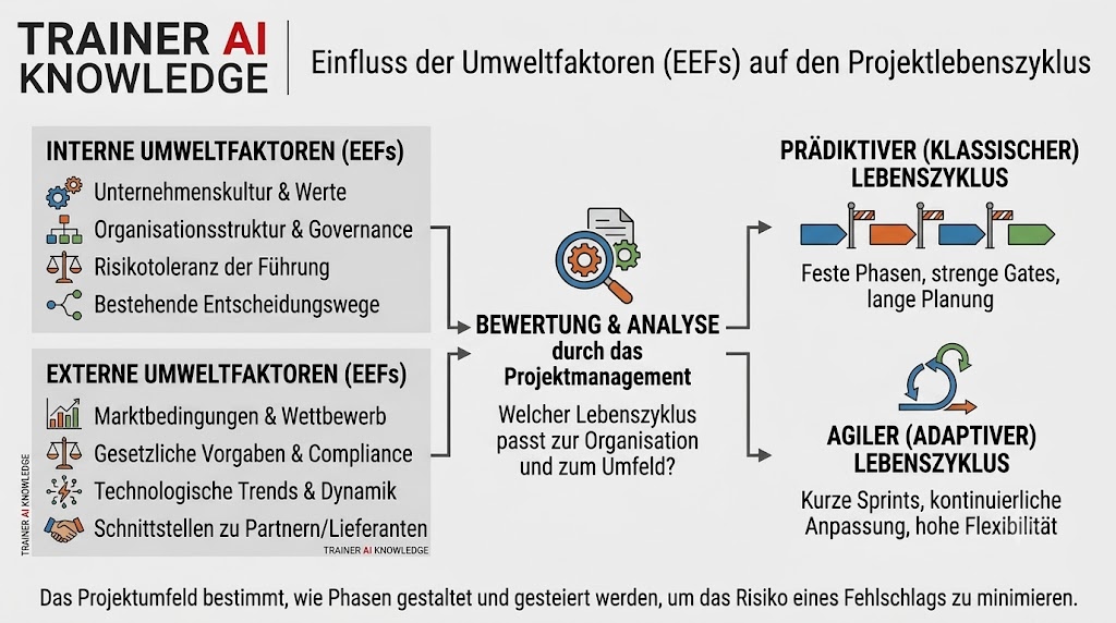 Diagramm zum Einfluss interner und externer Umweltfaktoren auf den Projektlebenszyklus.