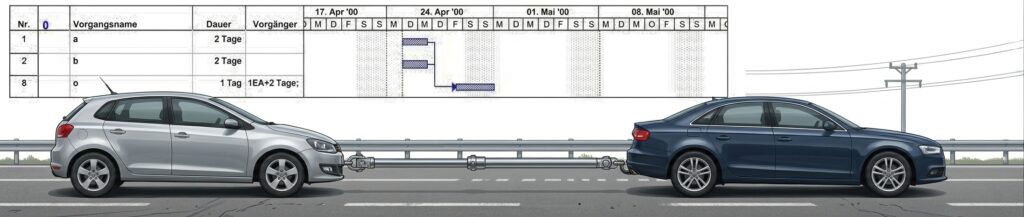 Ein Gantt-Diagramm zeigt Vorgänge mit festen Abständen, symbolisiert durch zwei Autos mit einer starren Abschleppstange.