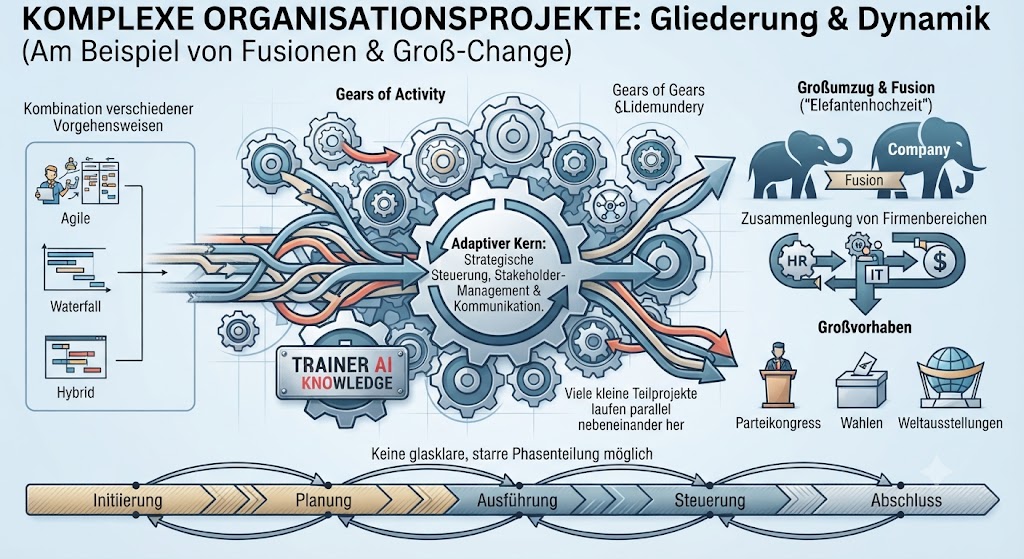 Komplexe Organisationsprojekte wie Fusionen nutzen adaptive Kerne und parallele Teilprojekte statt starrer Phasen.