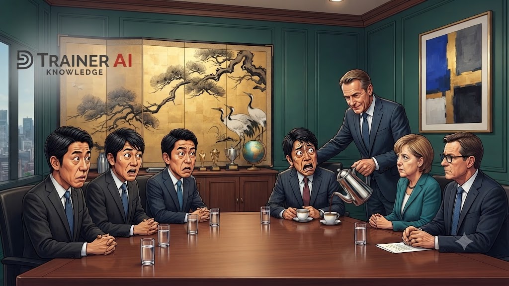 Ein deutscher CEO schenkt einem schockierten japanischen Delegationsmitglied Kaffee ein.
