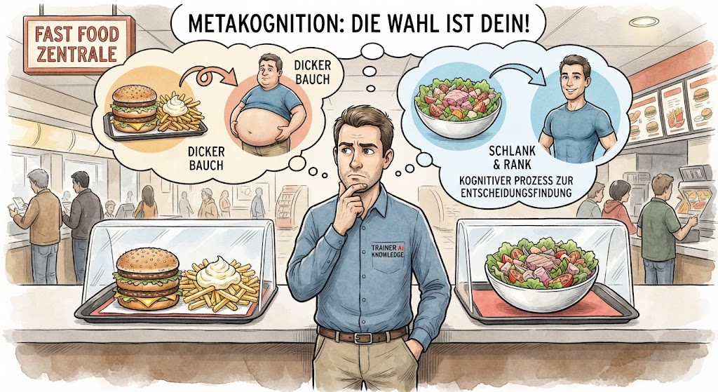 Mann am Imbiss nutzt Metakognition, um zwischen ungesundem Burger und gesundem Salat zu wählen.