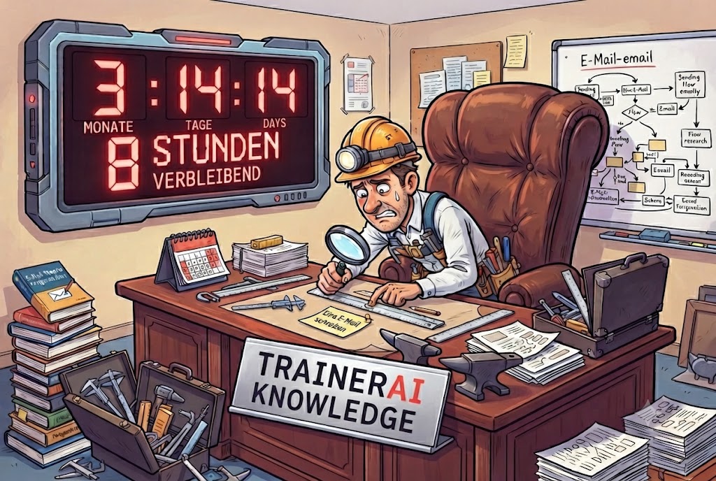 Ein gestresster Projektmanager arbeitet mit Lupe an einer winzigen Aufgabe vor einer riesigen Countdown-Uhr.