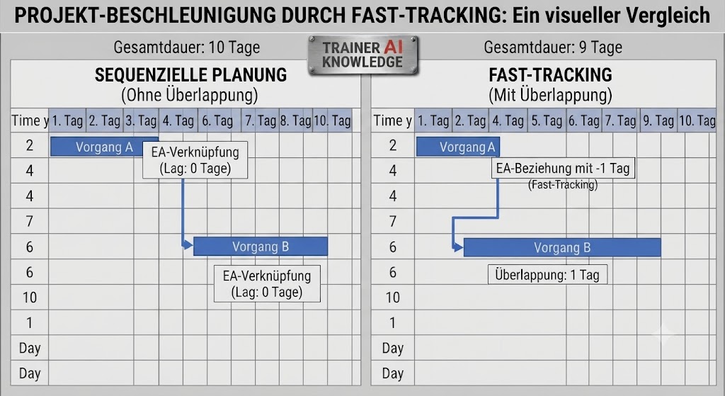 Vergleich zwischen sequenzieller Projektplanung und Fast-Tracking mit negativer EA-Anordnungsbeziehung (-1 Tag) zur Projektverkürzung im MS-Project-Stil.