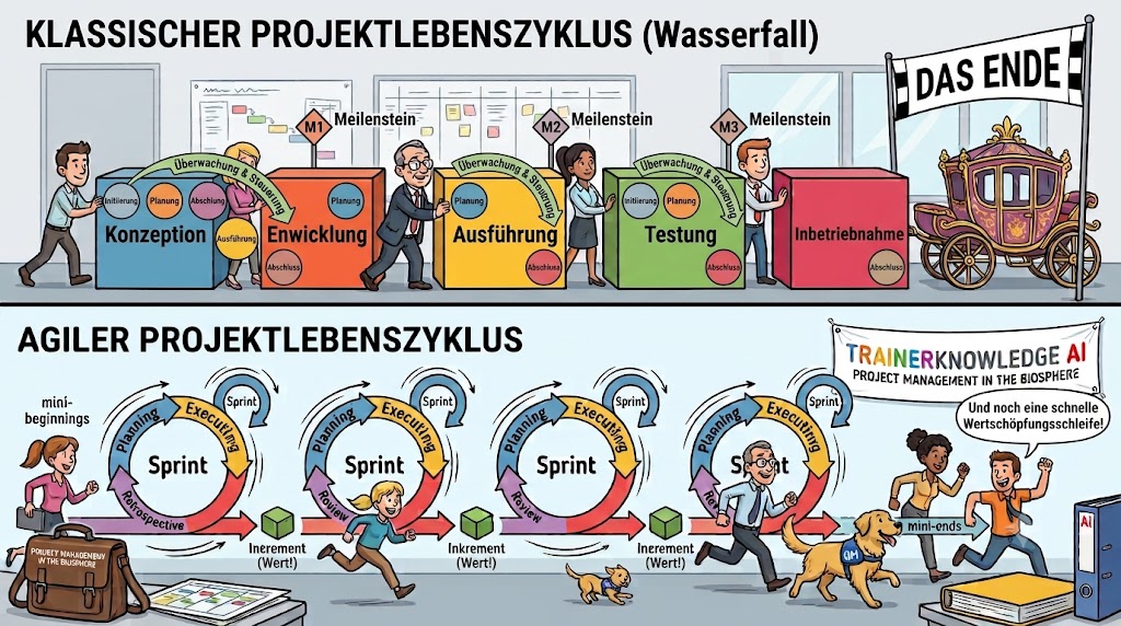 Ein klassischer Phasen-Projektlebenszyklus zeigt, bei dem jede Phase (Konzeption, Entwicklung, Testen, Inbetriebnahme) von fünf Fokusbereichen-Kreisen (Initiierung, Planung, Ausführung, Überwachung & Steuerung, Abschluss) und Meilensteinen begleitet wird, und unten den agilen Zyklus.