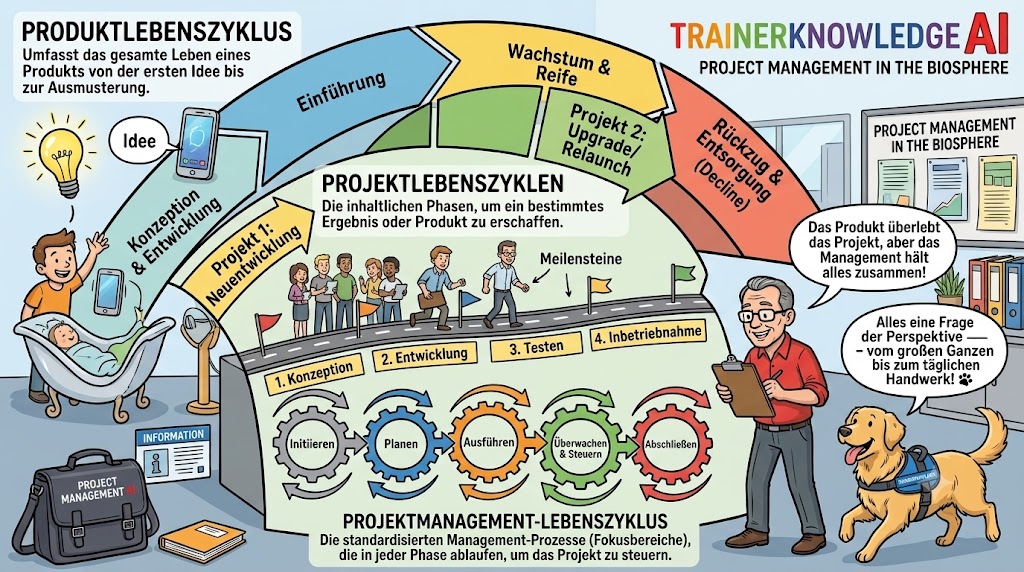 Die Verschachtelung von übergeordnetem Produktlebenszyklus (von der Idee bis zur Ausmusterung), eingebetteten Projektlebenszyklen (Phasen von der Konzeption bis zur Inbetriebnahme) und dem zugrundeliegenden Projektmanagement-Lebenszyklus (die 5 Fokusbereiche als kreisende Zahnräder) vergleicht.