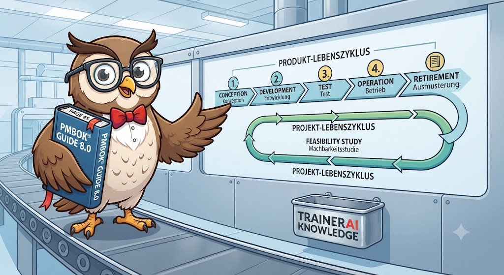 PMI-Trennung zwischen Produktlebenszyklus und Projektmanagement-Lebenszyklus an einer Fabrikationswand.