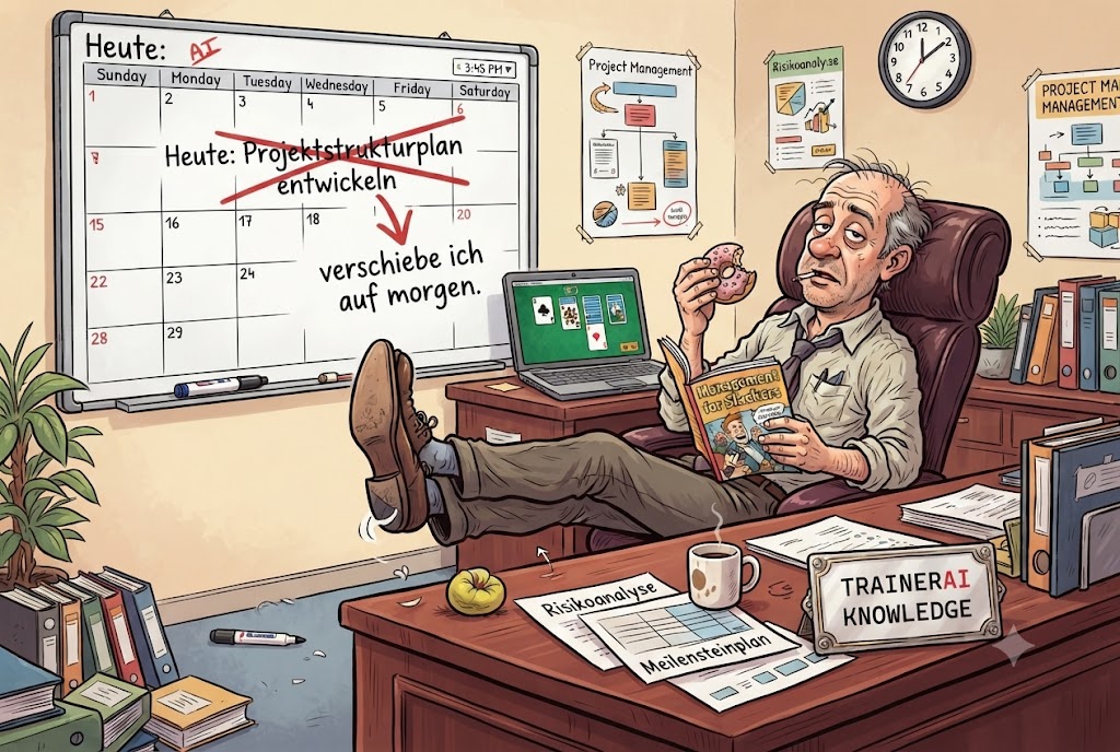 Ein entspannter Projektmanager sitzt am Schreibtisch mit hochgelegten Füßen, während ein Kalender an der Wand eine verschobene Aufgabe zeigt.
