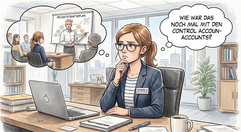 Projektmanagerin erinnert sich an ein Schulungsseminar über Projektstrukturpläne und Control Accounts.