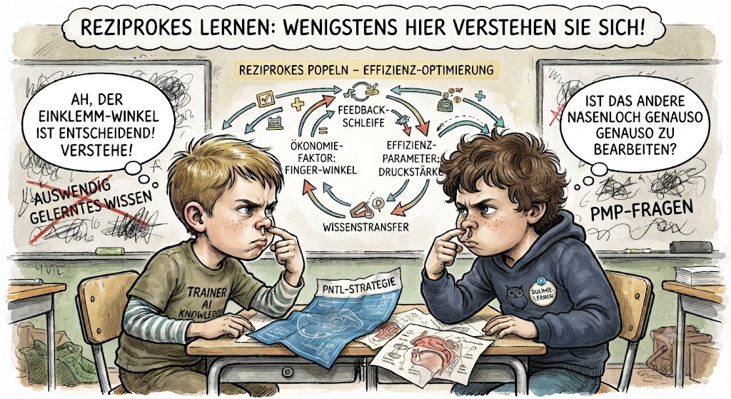 Karikatur zweier Schüler beim reziproken Lernen und der humorvollen Effizienz-Optimierung mit Fachdiagrammen