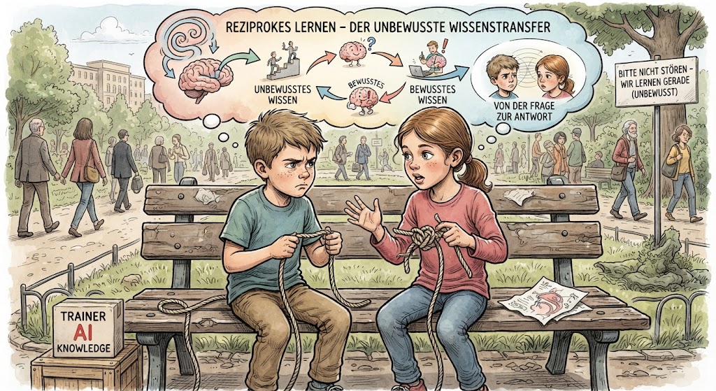 Karikatur zeigt Kinder bei unbewusstem Lernen durch reziproke Interaktion im Park.