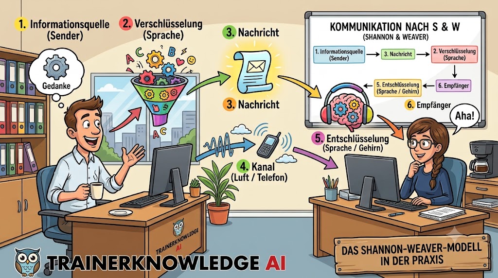 Zwei Büro-Mitarbeiter im Dialog, bei dem die sechs Schritte des Shannon-Weaver-Kommunikationsmodells veranschaulicht werden, mit dezent platziertem TrainerKnowledge AI-Logo auf dem Schreibtisch.