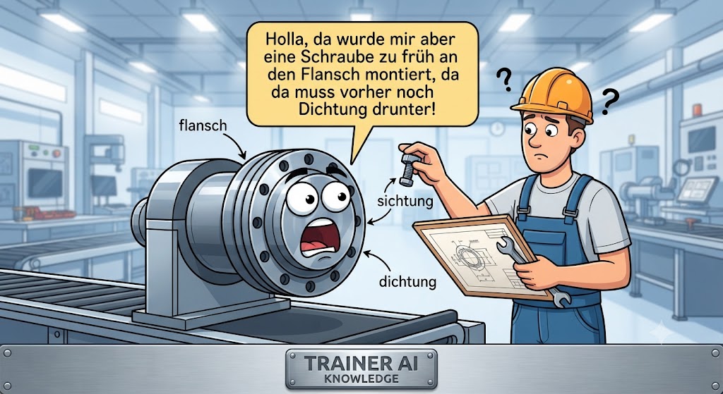 verwirrten Monteurs, der einen sprechenden Maschinenflansch ansieht. Der Flansch hat ein ausdrucksstarkes Gesicht und ruft in einer Sprechblase auf Deutsch: "Holla, da wurde mir aber eine Schraube zu früh an den Flansch montiert, da muss vorher noch die Dichtung drunter!". Pfeile zeigen auf die spezifischen Teile.