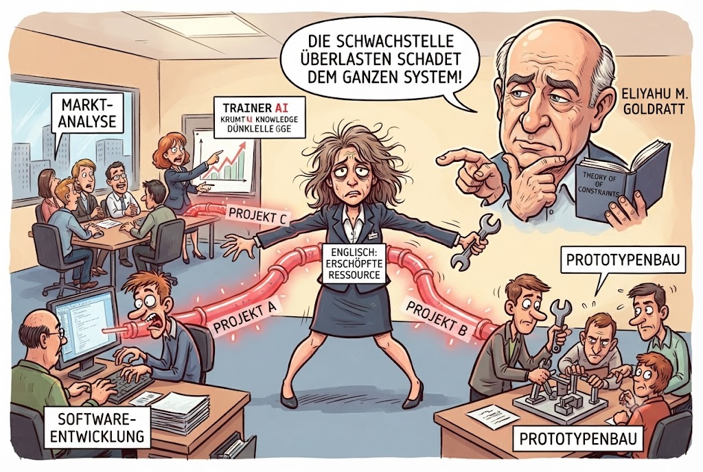 Eine überlastete Ressource bricht unter dem Druck mehrerer paralleler Projekte zusammen.