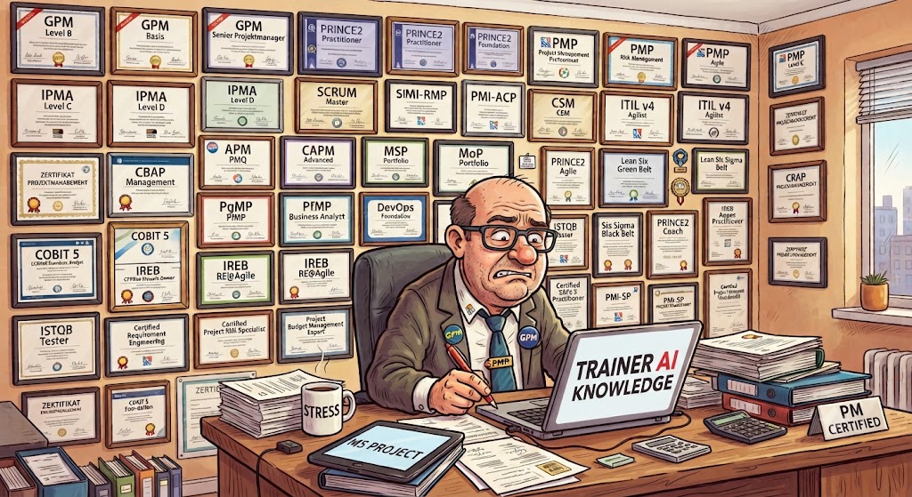 Ein gestresster Projektmanager sitzt an seinem Schreibtisch, umgeben von einer Wand voller diverser Zertifikate, und arbeitet an einem Laptop mit dem "TRAINER AI KNOWLEDGE"-Logo.