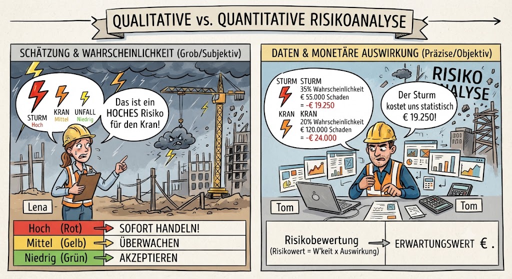 arikatur zum Vergleich von qualitativer und quantitativer Risikoanalyse im Projektmanagement