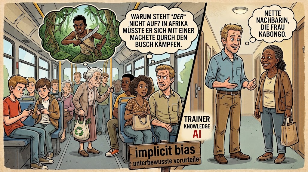 Didaktische Comic-Karikatur zu Implicit Bias und emotionaler Intelligenz für TRAINERKNOWLEDGE AI nach PMI /PMP-Standards, die unbewusste Vorurteile im Alltag veranschaulicht.