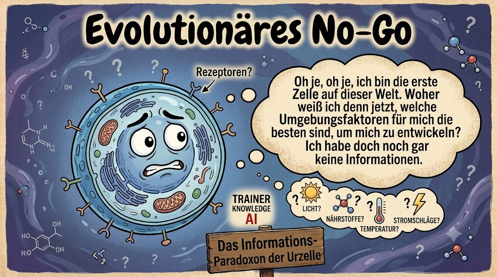 Didaktische Wissenschaftskarikatur von TRAINERKNOWLEDGE AI mit der Überschrift „Evolutionäres No-Go“: Eine besorgte erste Urzelle mit Gesicht steht in einer Ursuppe und fragt sich in einer Denkblase, woher sie ohne vorhandene Informationen wissen soll, welche Umgebungsfaktoren für ihre Entwicklung die besten sind. Das Holzschild unten zeigt den Text: „Das Informations-Paradoxon der Urzelle“.