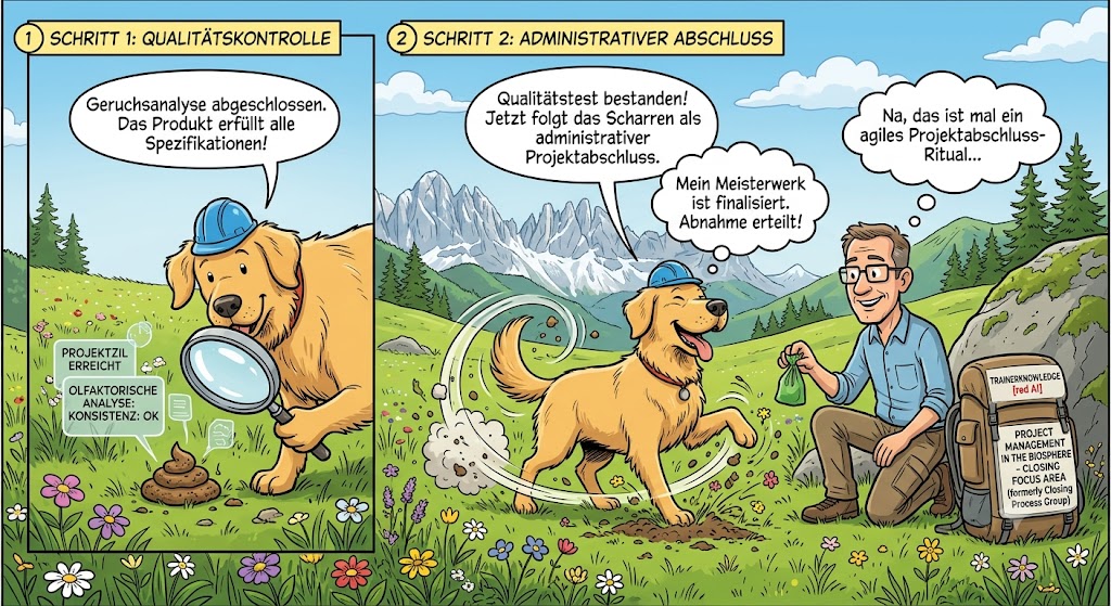Fokusbereich Abschluss im Projektmanagement (ehemals Abschlussprozessgruppe), die Golden Retriever Maylo zeigt, wie er nach erfolgreichem Qualitätstest stolz mit den Pfoten Dreck scharrt, während sein Besitzer mit dem Kotbeutel bereitsteht.