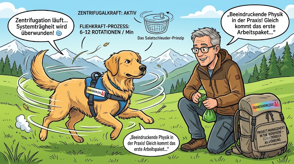 Fokusbereich Ausführung im Projektmanagement (ehemals Ausführungsprozessgruppe), die Golden Retriever Maylo bei schnellen Drehungen auf einer Wiese zeigt, um durch Fliehkraft das erste Arbeitspaket umzusetzen.