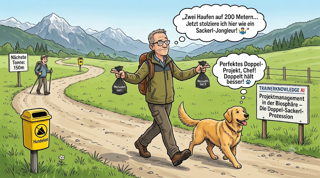 Wenn ich dann das Tütchen sorgfältig zuknote, ist mein Hund vollends überzeugt, dass er mir einen großen Gefallen getan hat. Auch dass ich das Tütchen quasi sehr vorsichtig am oberen Ende, oberhalb des Knotens, im Griff mit drei Fingern, bis zu einer gelben kleinen Tonne vor mir hertrage, lässt meinen Hund mit geschwollener Brust neben mir herlaufen. 