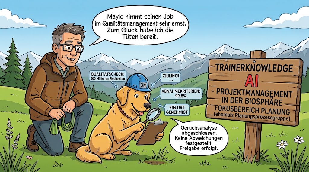 Fokusbereich Planung im Projektmanagement (ehemals Planungsprozessgruppe), die Golden Retriever Maylo als Qualitätsprüfer mit Vergrößerungsglas und 200 Millionen Riechzellen bei der Standortwahl zeigt.