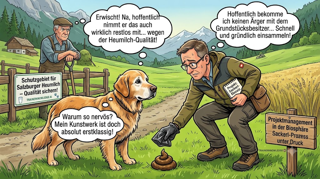 Ein Hundehalter entsorgt mit Projekt-Checkliste sorgfältig die Hinterlassenschaften seines Golden Retrievers in der alpinen Salzburger Heumilch-Region.