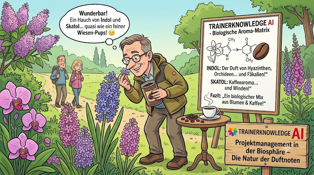 Ein Mann riecht erfreut an Blumen und Kaffee neben einer biologischen Infotafel zu den Naturdüften Indol und Skatol im Biosphären-Schutzgebiet.