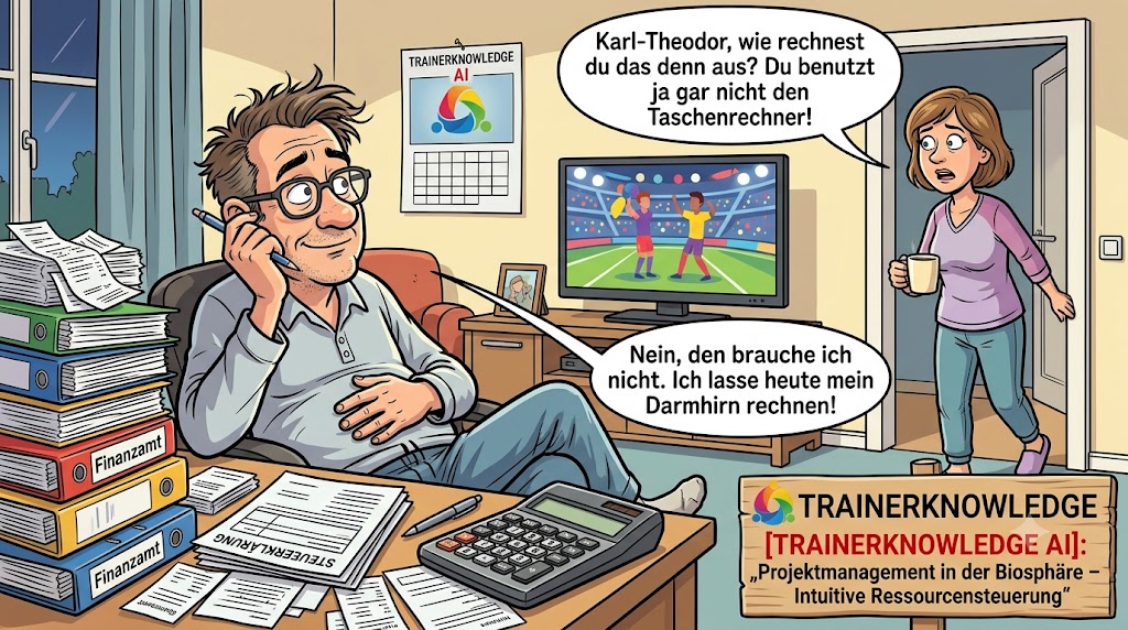 ein Mann namens Karl-Theodor seine Steuererklärung am chaotischen Schreibtisch ohne Taschenrechner macht und seiner Frau erklärt, er lasse heute sein Darmhirn rechnen.