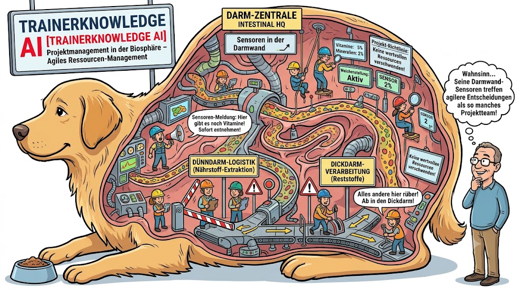 Eine humorvolle Comic-Karikatur, die das Innere von Golden Retriever Maylo als moderne Ressourcen- und Sortieranlage für Futter zeigt, gesteuert von fleißigen Arbeitern.