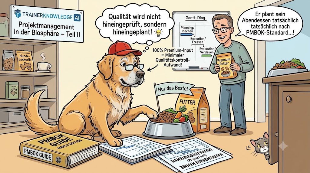 Der Golden Retriever Maylo plant sein Premium-Futter mit Brille und PMBOK Guide am Napf nach dem Grundsatz Qualität wird hineingeplant, nicht hineingeprüft.