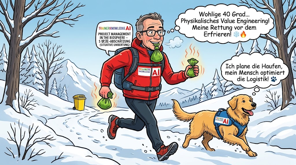 Karikatur, die einen Mann ohne Handschuhe zeigt, der bei minus 7 Grad erleichtert mit drei gefüllten, dampfenden Hundekotbeuteln joggt – einer davon sicher zwischen den Zähnen –, während Golden Retriever Maylo glücklich im Schnee mitläuft.