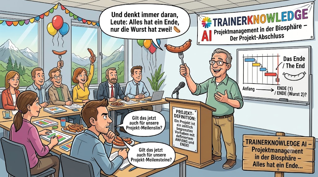 Eine humorvolle Comic-Zeichnung über ein Projektende, bei dem ein Redner am Pult eine Wurst hochhält und witzelt: „Alles hat ein Ende, nur die Wurst hat zwei!