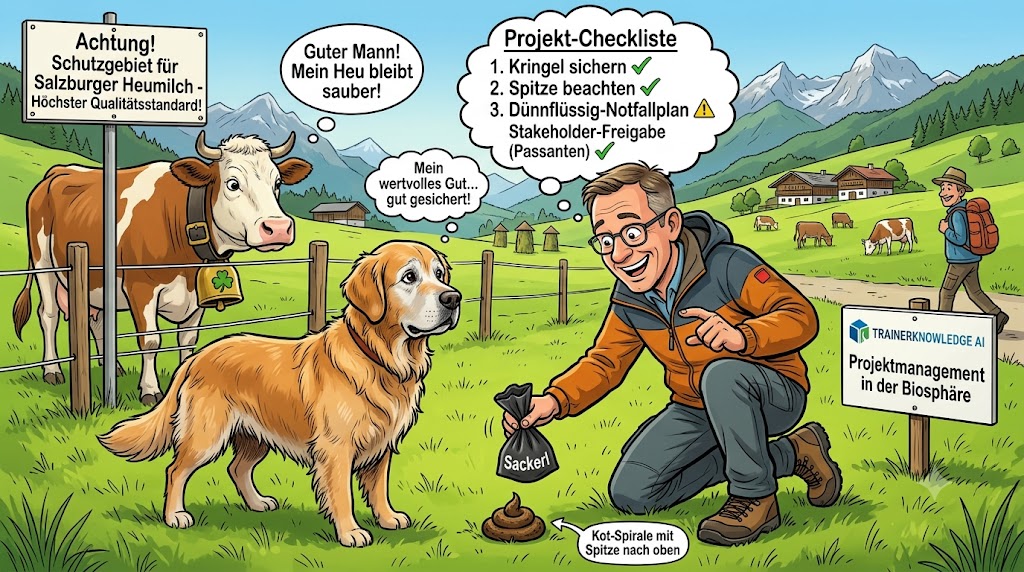 Ein Hundehalter entsorgt mit Projekt-Checkliste sorgfältig die Hinterlassenschaften seines Golden Retrievers in der alpinen Salzburger Heumilch-Region.