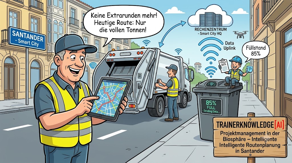 A caricature illustrating smart city concepts and project management showing waste bin sensors and dynamic route planning in Santander