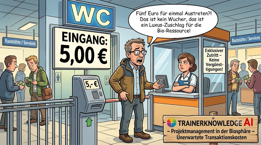 Ungeplante Projektkosten an einer Raststätte, bei der ein schockierter Mann vor einer 5-Euro-Schranke am WC-Eingang steht.