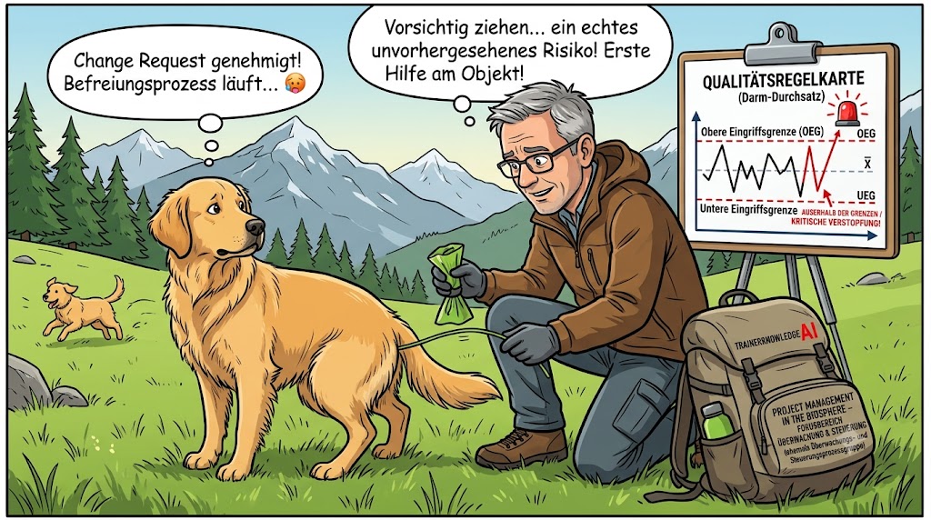 Fokusbereich Überwachung und Steuerung, die zeigt, wie ein Hundebesitzer bei Golden Retriever Maylo auf einer Alpenwiese beherzt eingreift, um einen festsitzenden Grashalm zu entfernen, neben einer Qualitätsregelkarte.